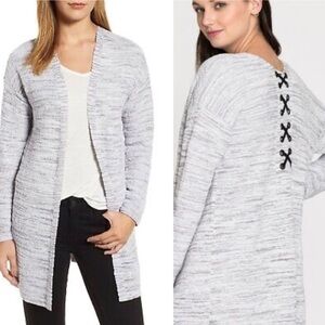 NIC+ZOE Light Gray Open-Front Cardigan with Lace-Up Detail